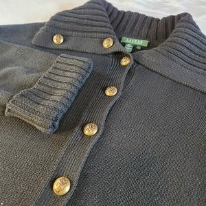 RALPH LAUREN Cardigan Sweater Womens 1X Black Heavy Cozy Cotton Brass Buttons